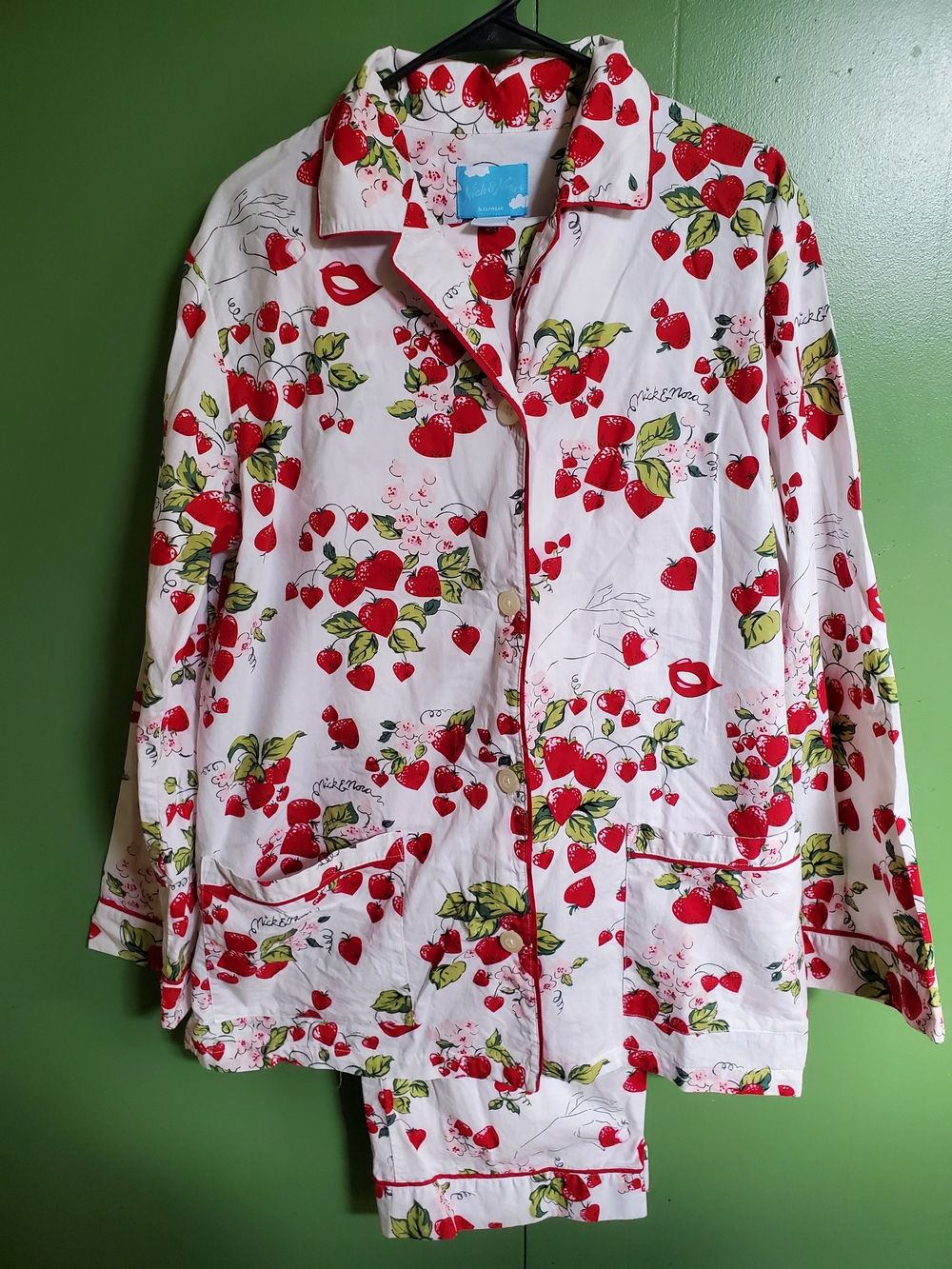 Nick & Nora White Strawberry Print Pajama Set with Red and Green Accents